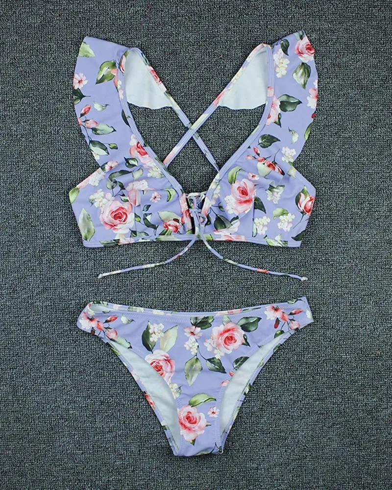 Ruffles Floral Print Strappy Bra With Panties Bikini Sets