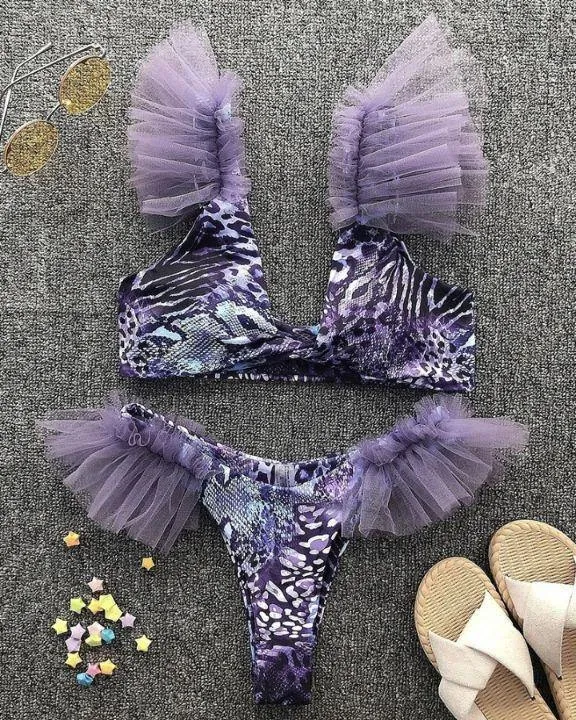 Snakeskin Mesh Ruffles Bra With Panties Bikini Sets