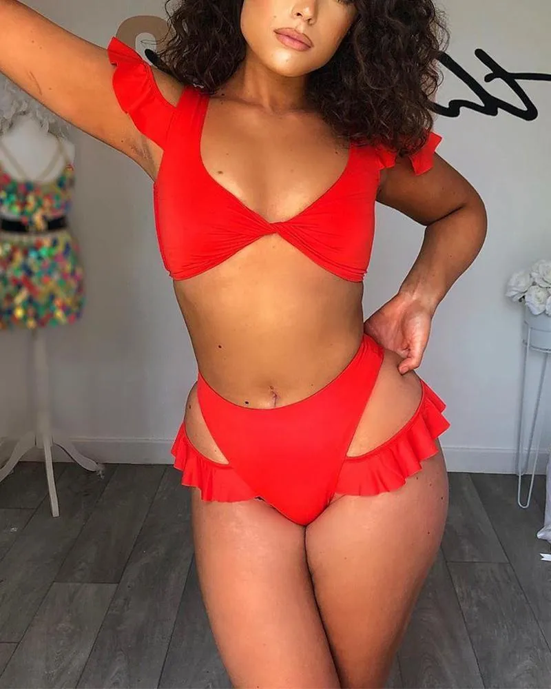 Solid Ruffles Sleeve Bra With Cut-out Panties Bikini Sets
