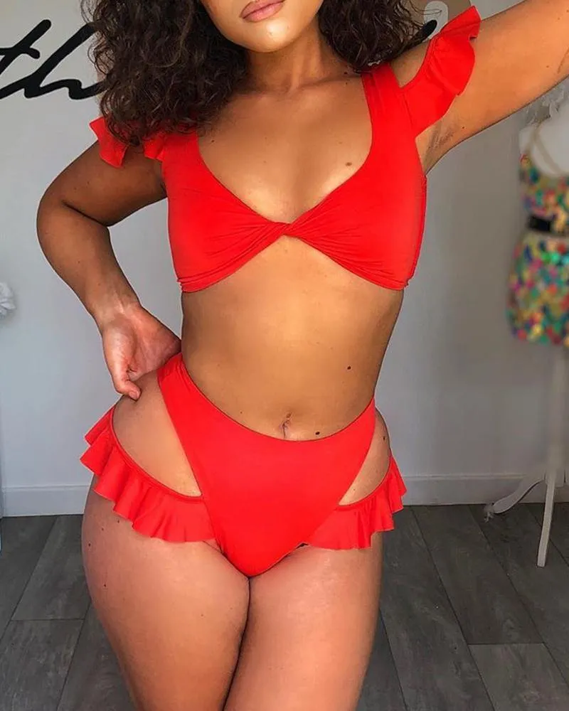 Solid Ruffles Sleeve Bra With Cut-out Panties Bikini Sets