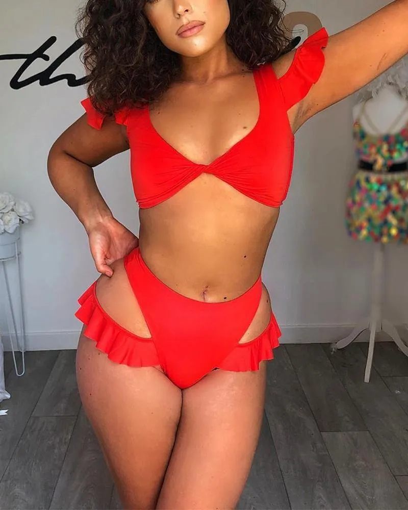 Solid Ruffles Sleeve Bra With Cut-out Panties Bikini Sets