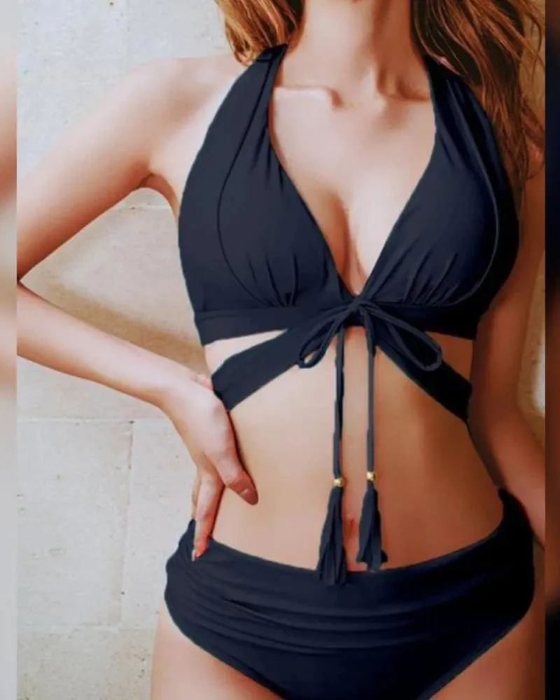 Solid Sleeveless Skinny Strappy Bra With Panties Bikini Sets