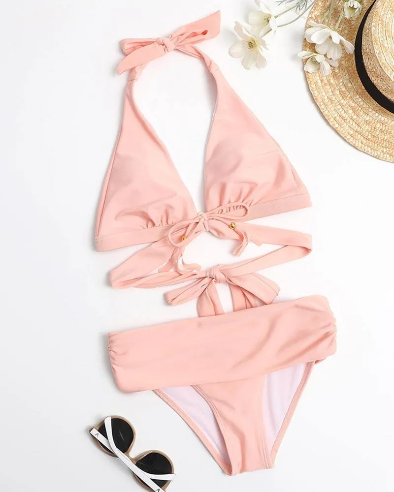 Solid Sleeveless Skinny Strappy Bra With Panties Bikini Sets