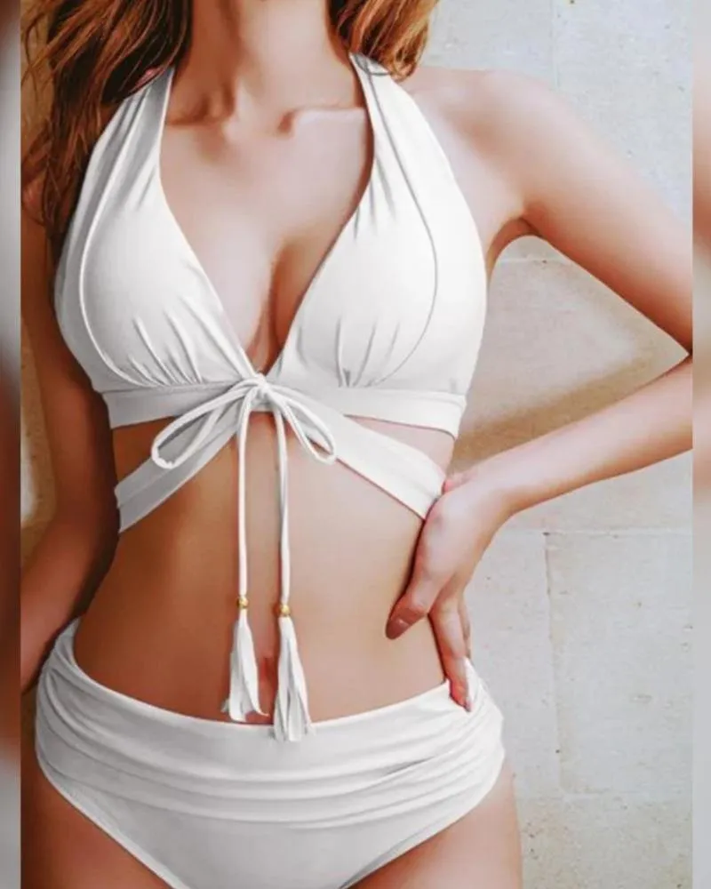 Solid Sleeveless Skinny Strappy Bra With Panties Bikini Sets