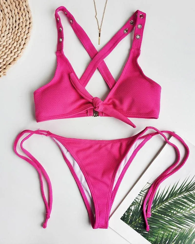 Solid Strap Bra With Panties Bikini Sets