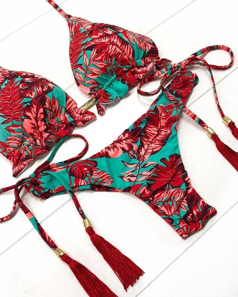 Spaghetti Strap Halter Tropical Print Bikini Set