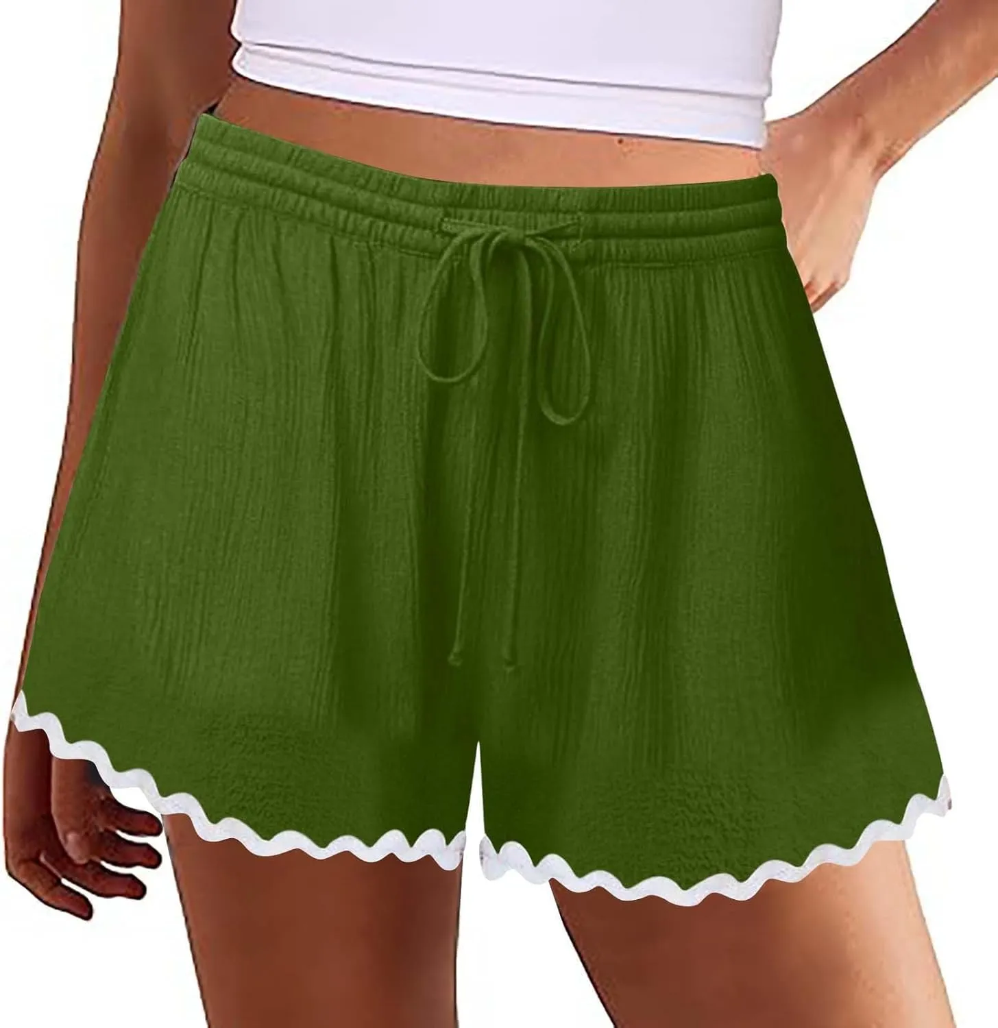 Summer Shorts for Women 2025 Trendy Casual Lace Hem Beach Shorts Plus Size Elastic High Waist Summer Wide Leg Short