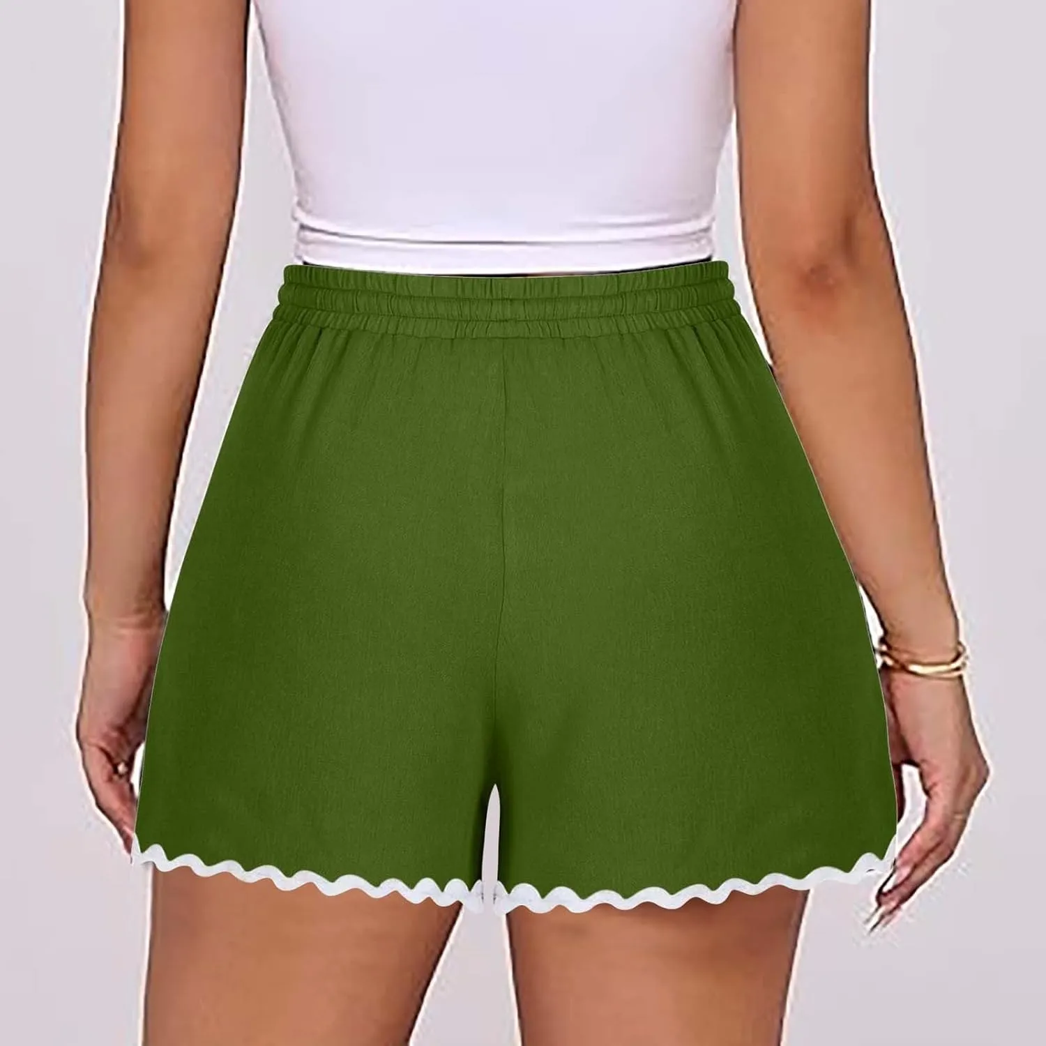 Summer Shorts for Women 2025 Trendy Casual Lace Hem Beach Shorts Plus Size Elastic High Waist Summer Wide Leg Short
