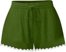 Summer Shorts for Women 2025 Trendy Casual Lace Hem Beach Shorts Plus Size Elastic High Waist Summer Wide Leg Short