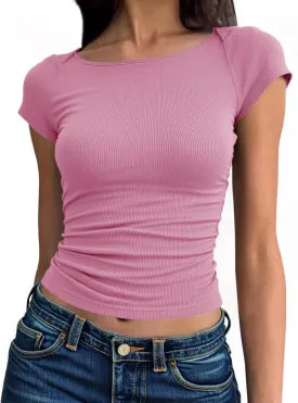 Tankaneo Womens Slim Fit Cropped Tops Summer Ruched Short Cap Sleeves Going Out Basic Tees Boat Neck Ribbed Tight Tshirts