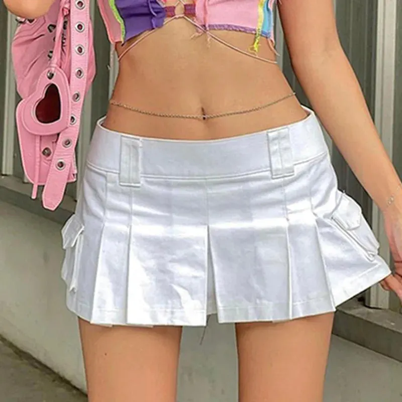 TAVIMART  -  Y2K Summer Low Waist Cargo Skirts with Pockets Ladies Solid Color Retro Style Pleated A-line Short Mini Skirt Women Streetwear