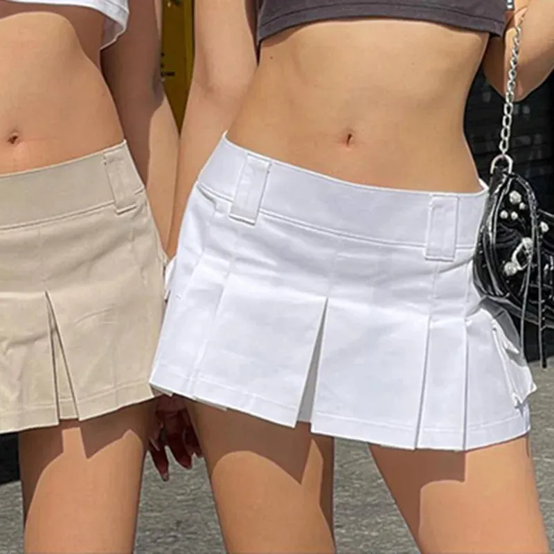 TAVIMART  -  Y2K Summer Low Waist Cargo Skirts with Pockets Ladies Solid Color Retro Style Pleated A-line Short Mini Skirt Women Streetwear