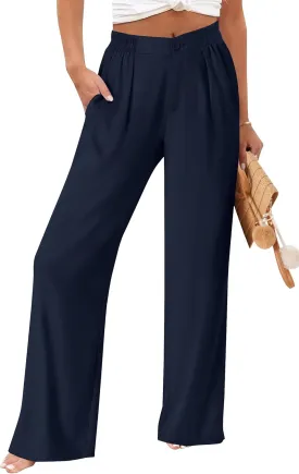 TOPYOGAS Womens Summer Linen Boho Wide Leg Casual Pants Palazzo Button High Waist Lounge Travel Vacation Outfits