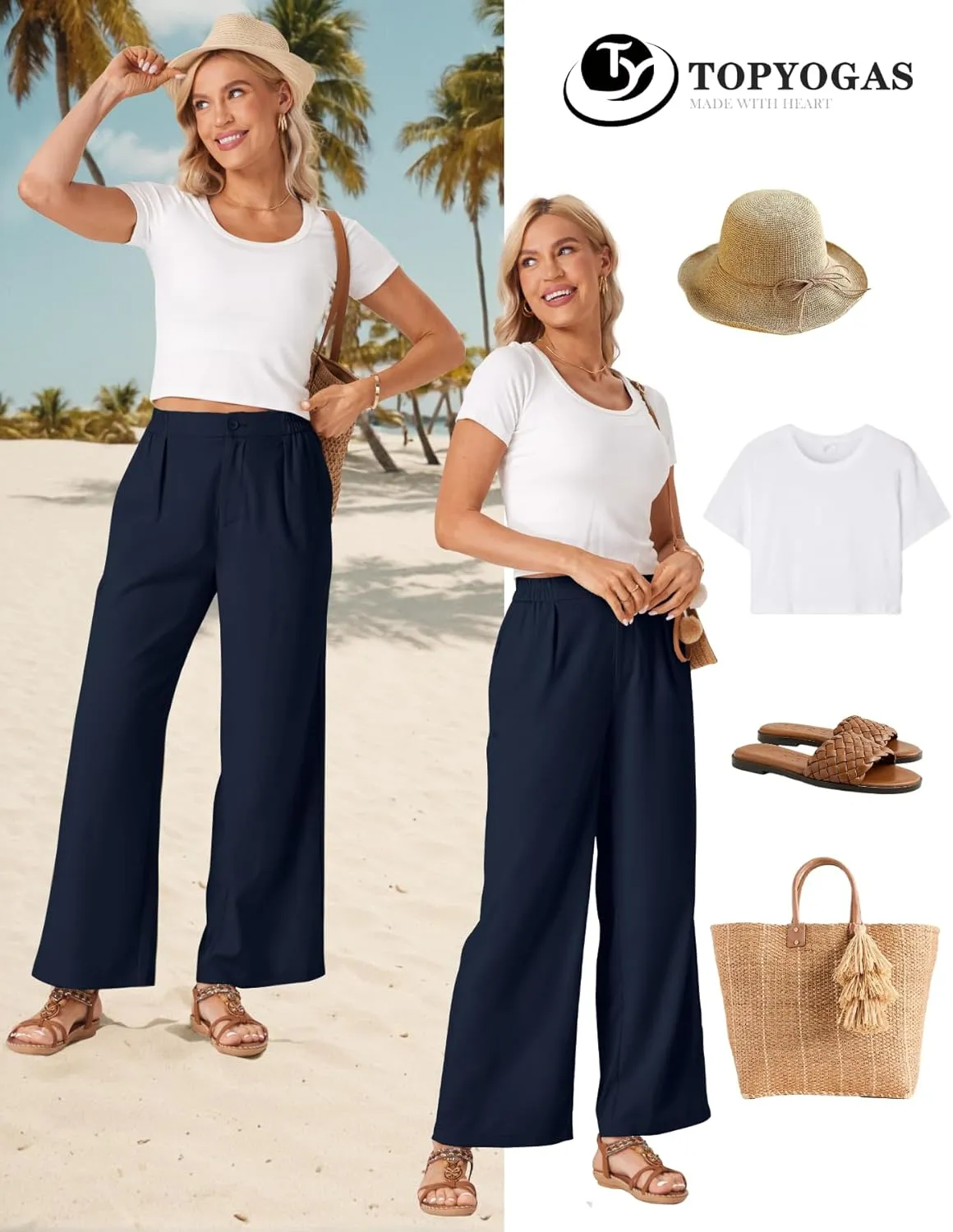 TOPYOGAS Womens Summer Linen Boho Wide Leg Casual Pants Palazzo Button High Waist Lounge Travel Vacation Outfits