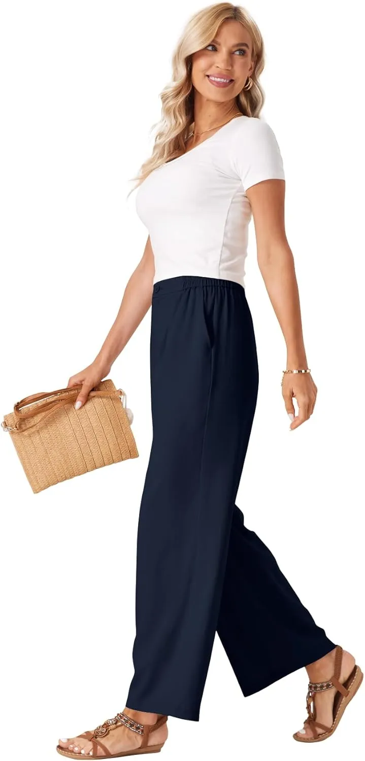 TOPYOGAS Womens Summer Linen Boho Wide Leg Casual Pants Palazzo Button High Waist Lounge Travel Vacation Outfits