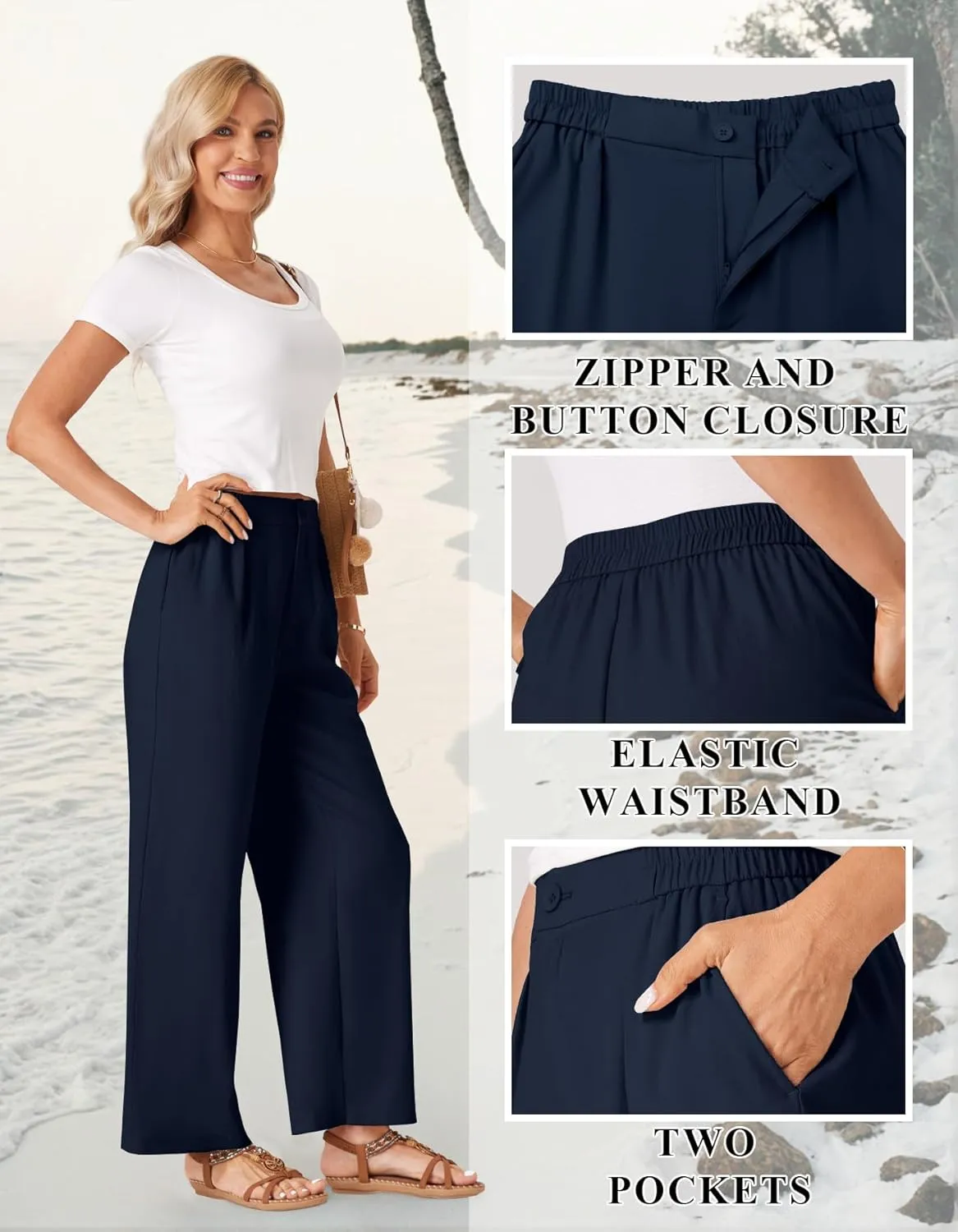 TOPYOGAS Womens Summer Linen Boho Wide Leg Casual Pants Palazzo Button High Waist Lounge Travel Vacation Outfits