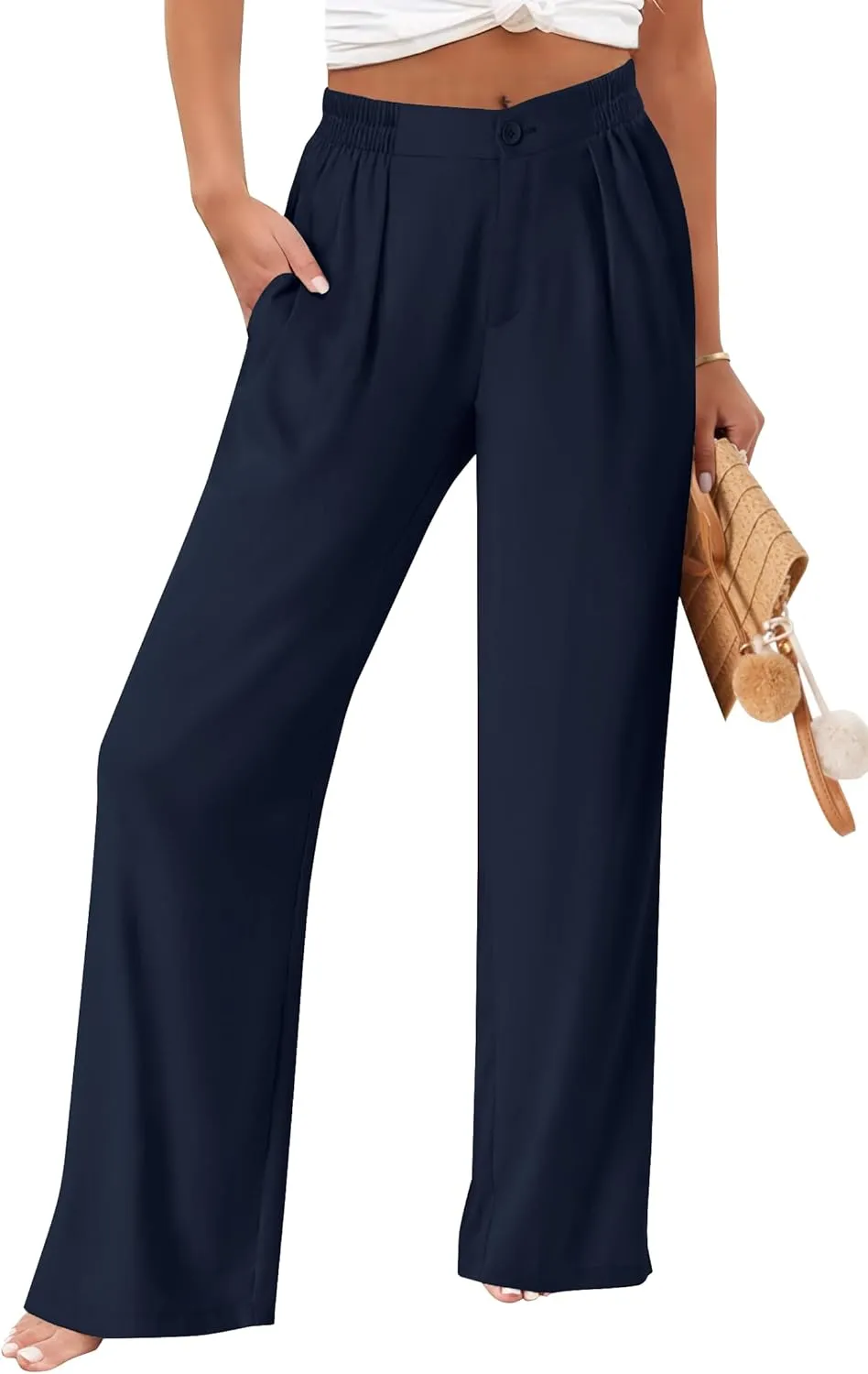 TOPYOGAS Womens Summer Linen Boho Wide Leg Casual Pants Palazzo Button High Waist Lounge Travel Vacation Outfits