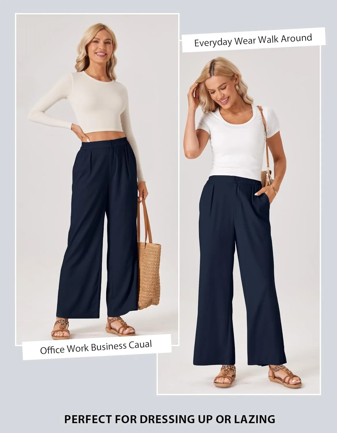 TOPYOGAS Womens Summer Linen Boho Wide Leg Casual Pants Palazzo Button High Waist Lounge Travel Vacation Outfits