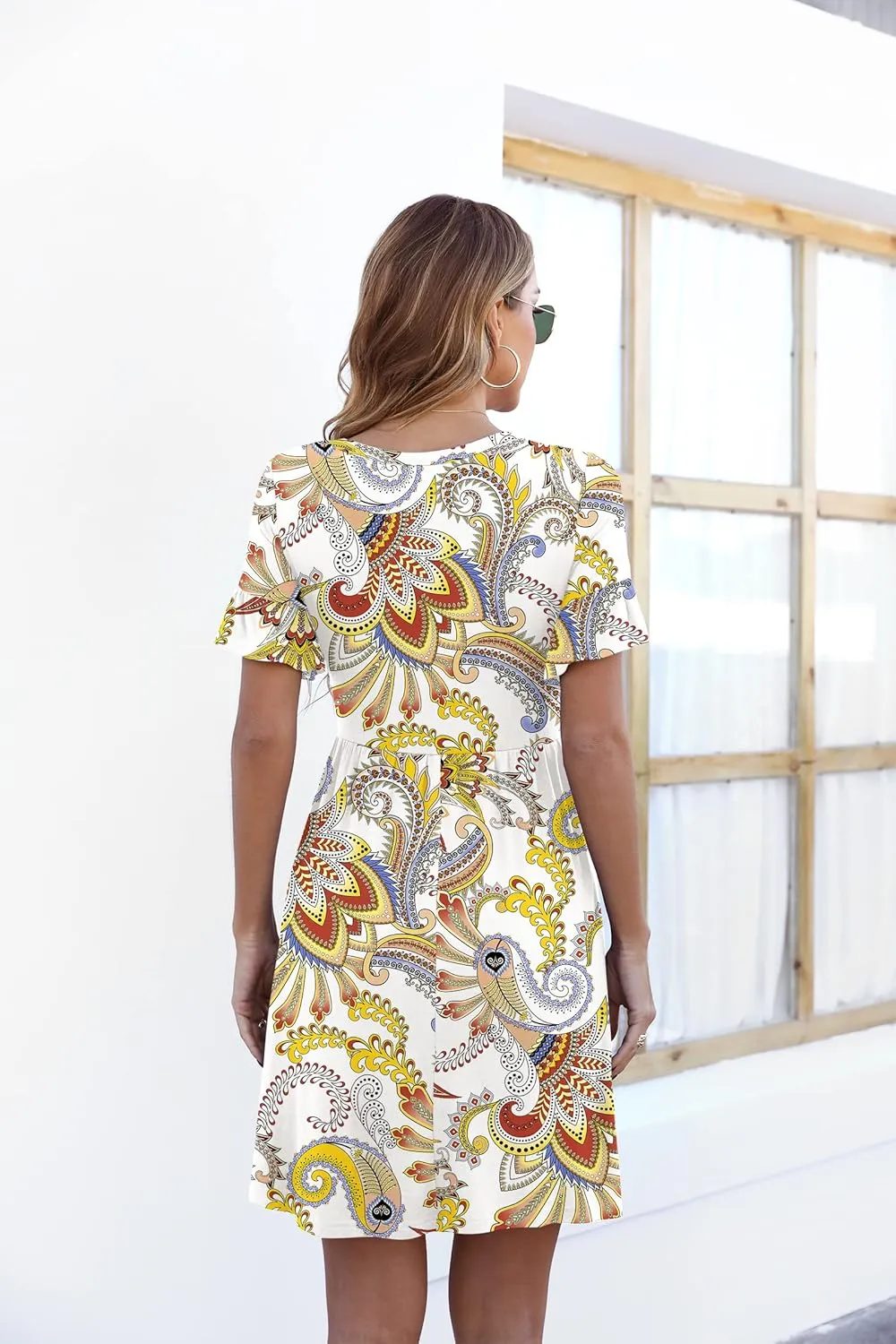VIISHOW Women's Summer Dress Ruffle Sleeve Round Neck Mini Dress Solid Color/Floral Print Loose Comfy Swing Sundress