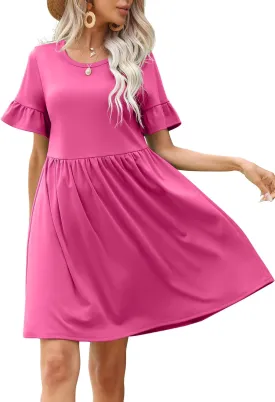 VIISHOW Women's Summer Dress Ruffle Sleeve Round Neck Mini Dress Solid Color/Floral Print Loose Comfy Swing Sundress