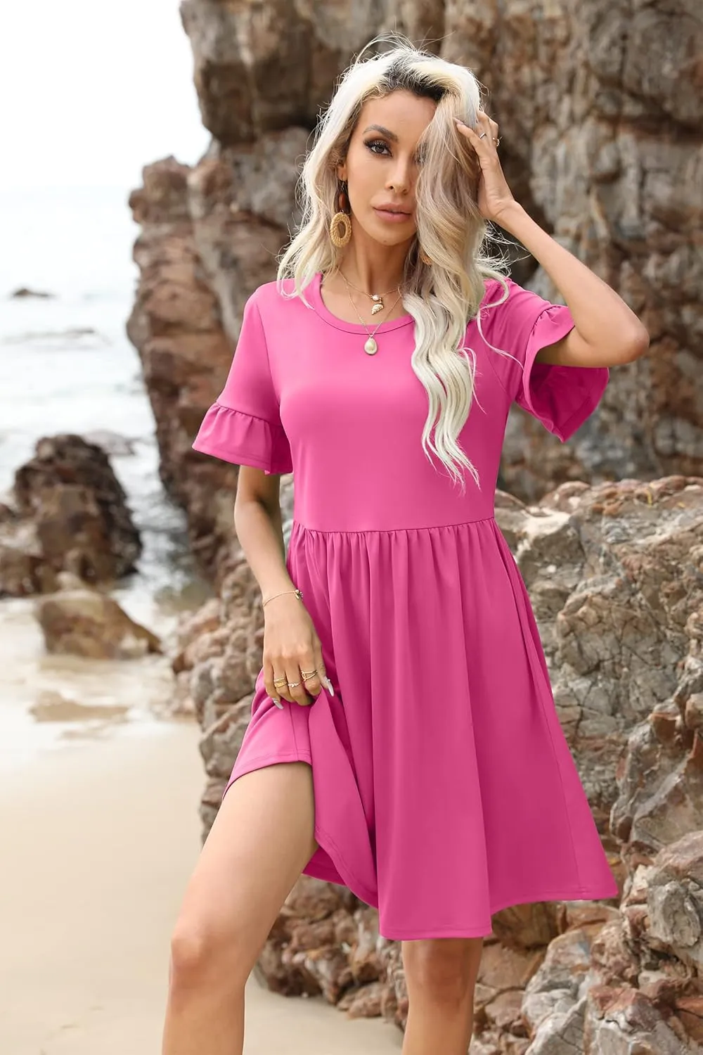 VIISHOW Women's Summer Dress Ruffle Sleeve Round Neck Mini Dress Solid Color/Floral Print Loose Comfy Swing Sundress