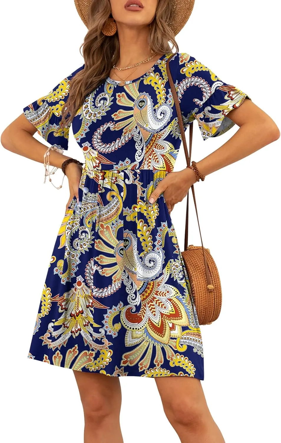 VIISHOW Women's Summer Dress Ruffle Sleeve Round Neck Mini Dress Solid Color/Floral Print Loose Comfy Swing Sundress