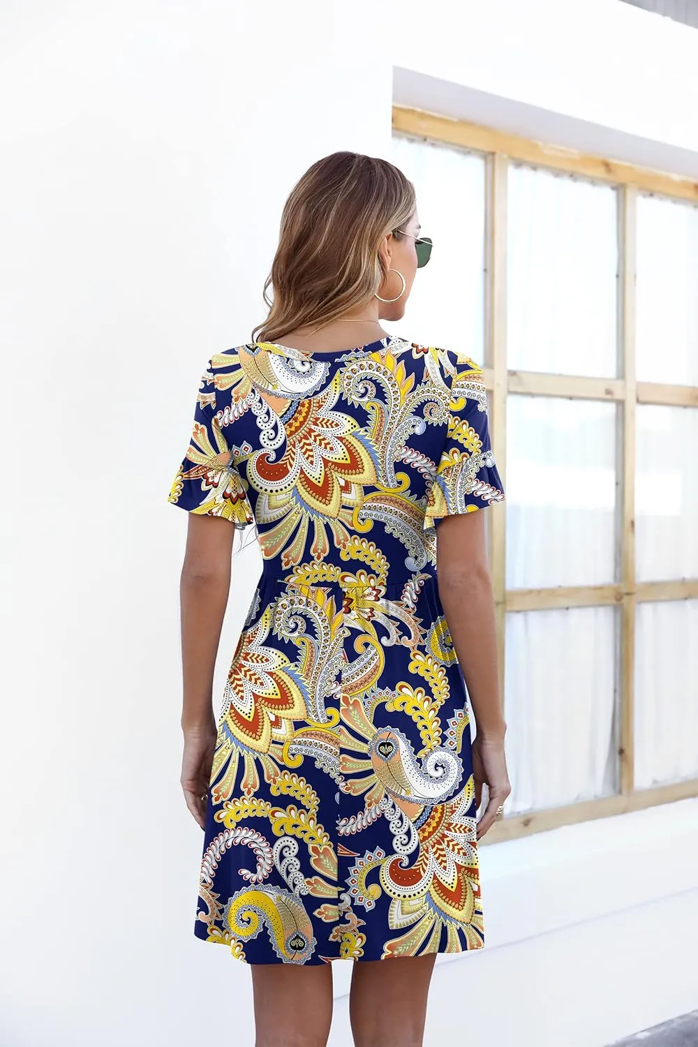 VIISHOW Women's Summer Dress Ruffle Sleeve Round Neck Mini Dress Solid Color/Floral Print Loose Comfy Swing Sundress
