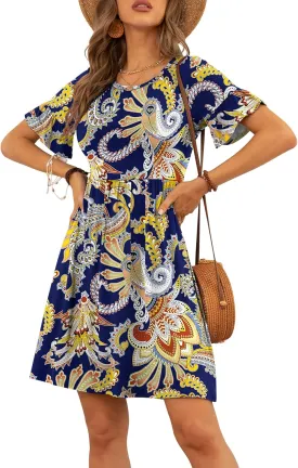VIISHOW Women's Summer Dress Ruffle Sleeve Round Neck Mini Dress Solid Color/Floral Print Loose Comfy Swing Sundress