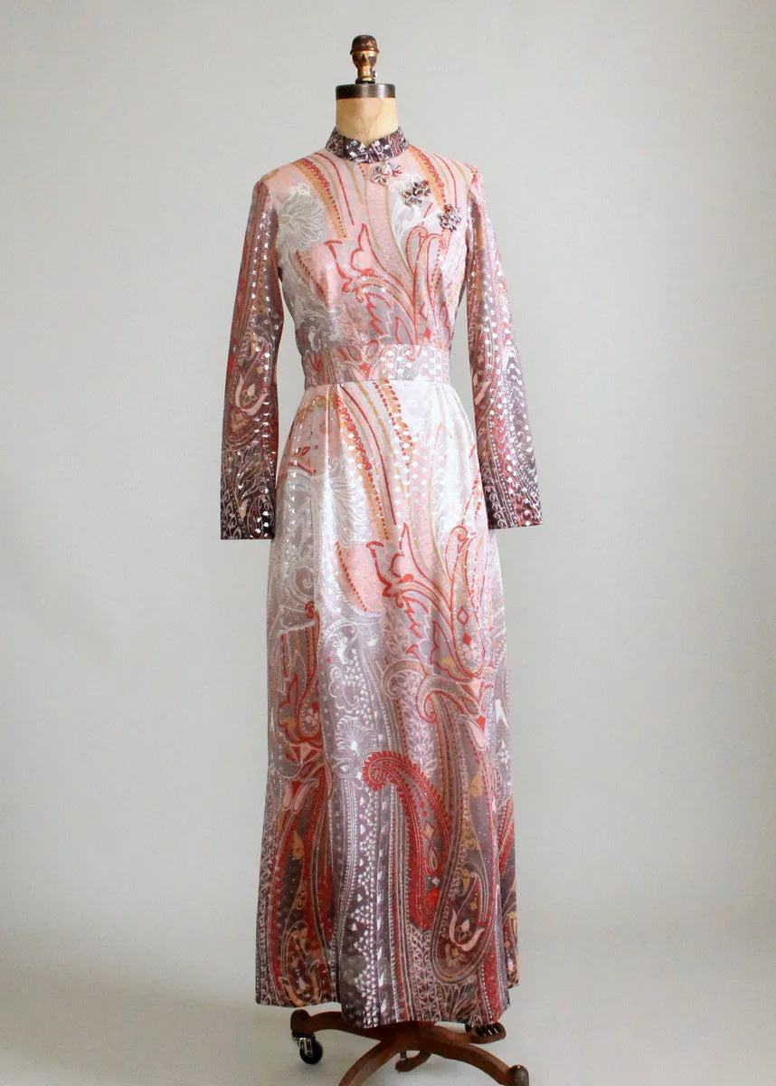 Vintage 1960s Ombre Paisley Lame Party Maxi Dress