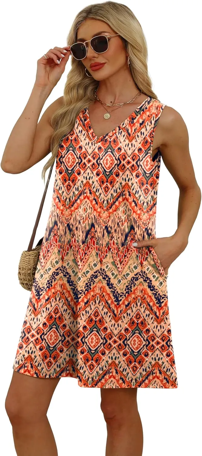 WIHOLL Womens Summer Dresses Loose Fit V Neck Sleeveless Sundresses Beach Hawaiian Dress with Pockets