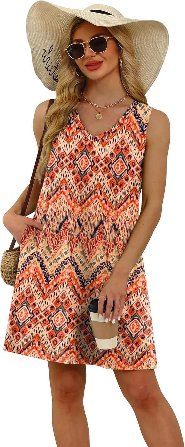 WIHOLL Womens Summer Dresses Loose Fit V Neck Sleeveless Sundresses Beach Hawaiian Dress with Pockets