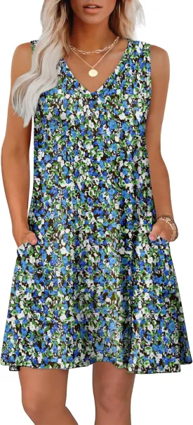 WIHOLL Womens Summer Dresses Loose Fit V Neck Sleeveless Sundresses Beach Hawaiian Dress with Pockets