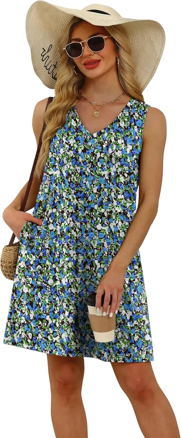 WIHOLL Womens Summer Dresses Loose Fit V Neck Sleeveless Sundresses Beach Hawaiian Dress with Pockets