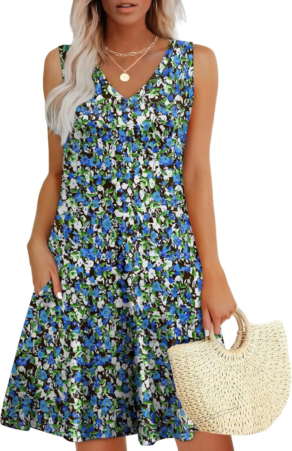 WIHOLL Womens Summer Dresses Loose Fit V Neck Sleeveless Sundresses Beach Hawaiian Dress with Pockets