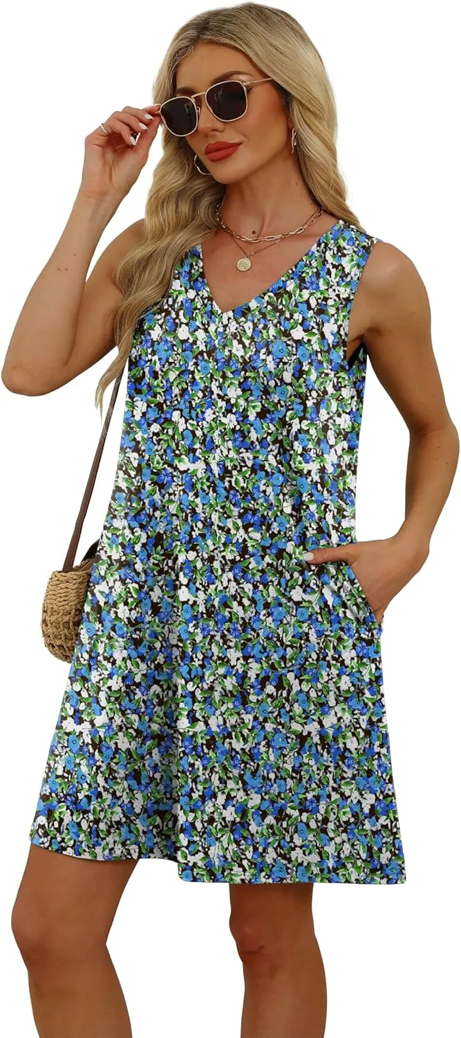 WIHOLL Womens Summer Dresses Loose Fit V Neck Sleeveless Sundresses Beach Hawaiian Dress with Pockets