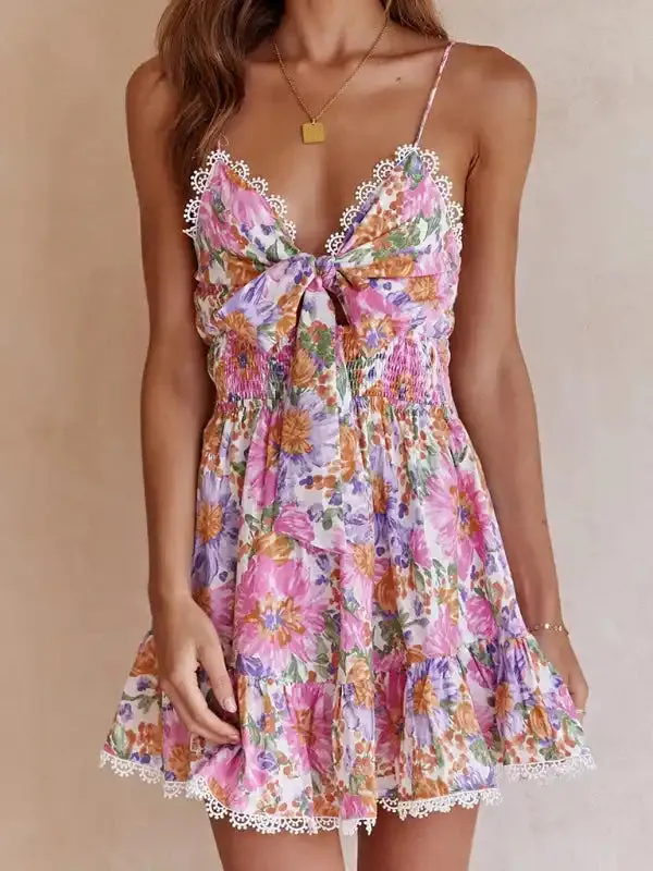 Women’s Chest Knotted Printed Backless Waist Sling Dress