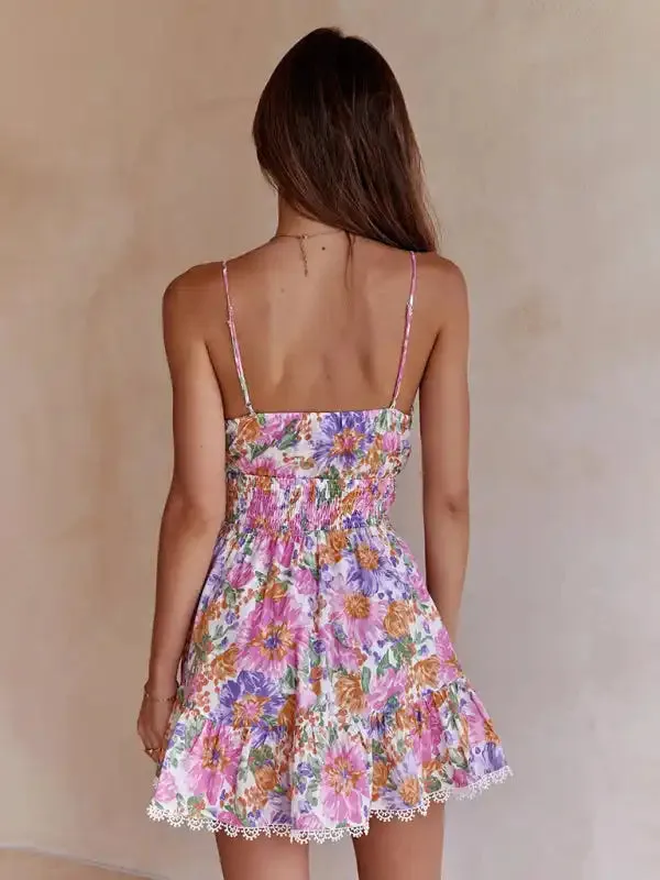 Women’s Chest Knotted Printed Backless Waist Sling Dress