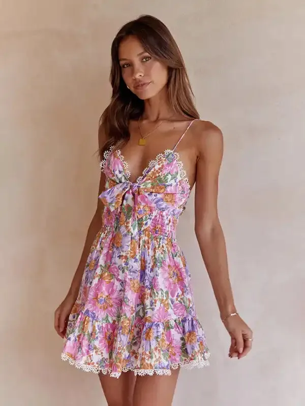 Women’s Chest Knotted Printed Backless Waist Sling Dress