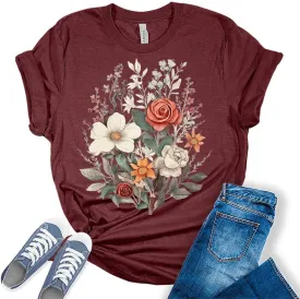 Womens Floral Shirts Trendy Wildflower Vintage Graphic Tees Butterfly Short Sleeve T Shirts Bella Summer Tops