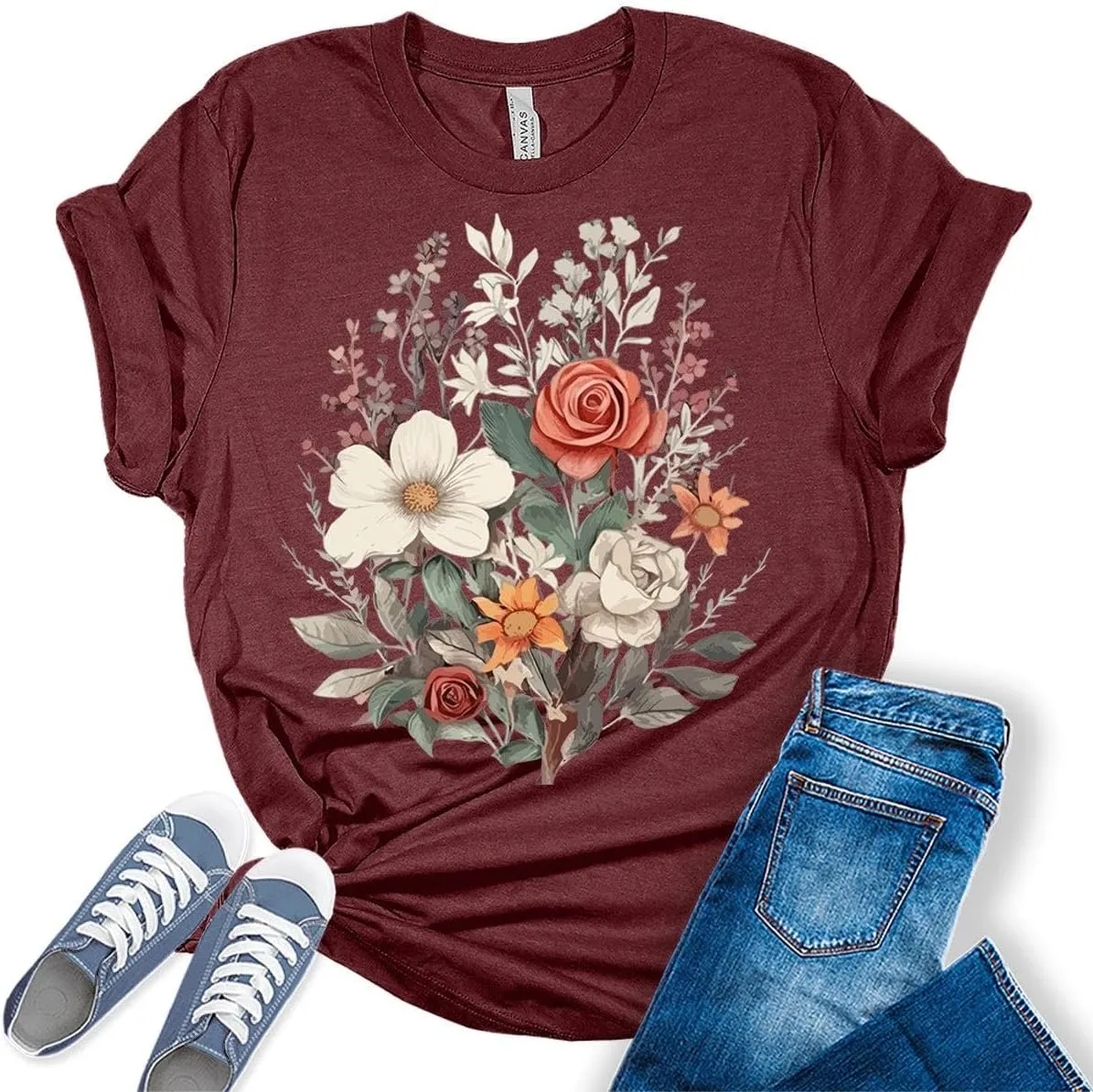 Womens Floral Shirts Trendy Wildflower Vintage Graphic Tees Butterfly Short Sleeve T Shirts Bella Summer Tops
