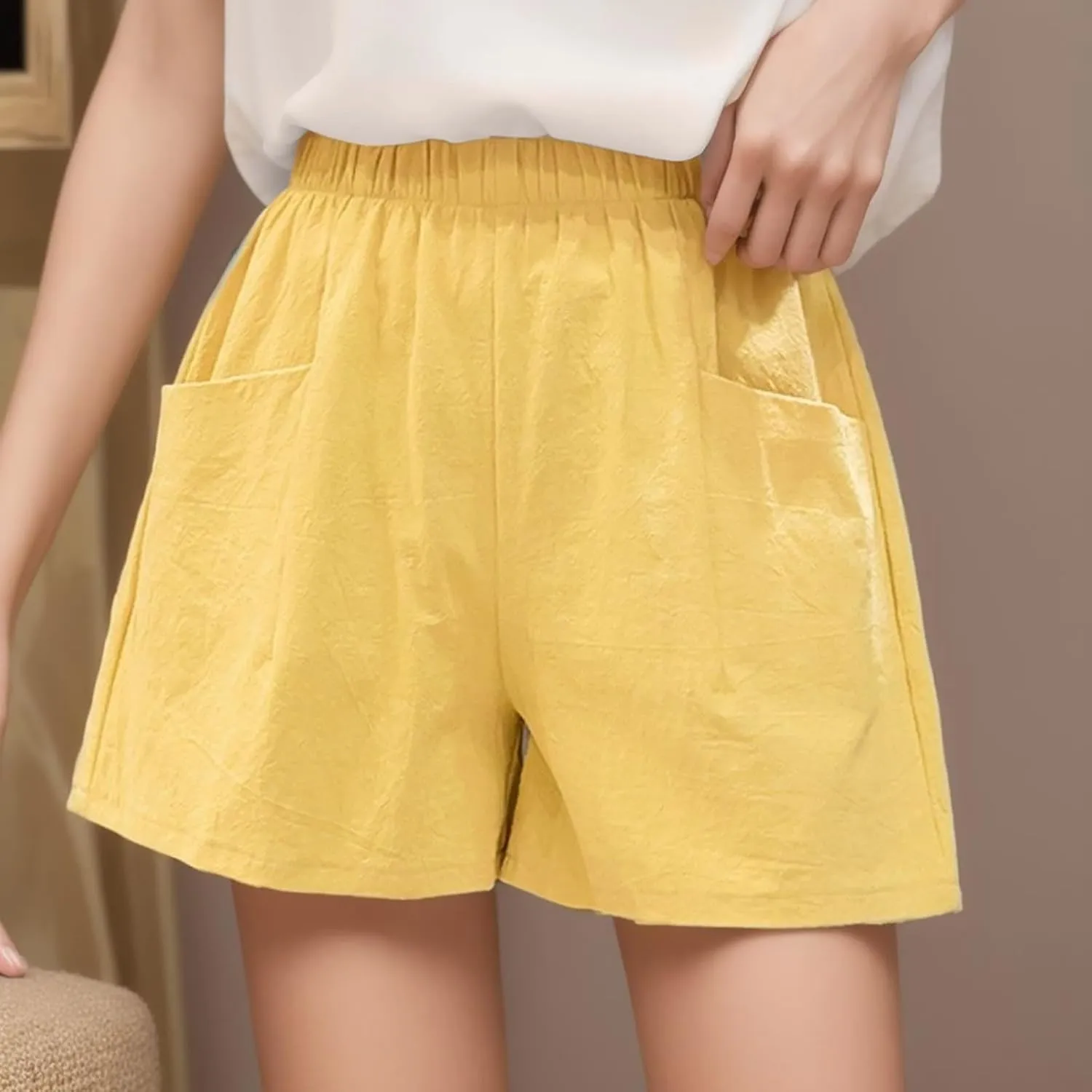 Womens Linen Shorts Casual Elastic High Waisted Cotton Shorts Loose Fit Summer Flowy Beach Short Pants with Pockets