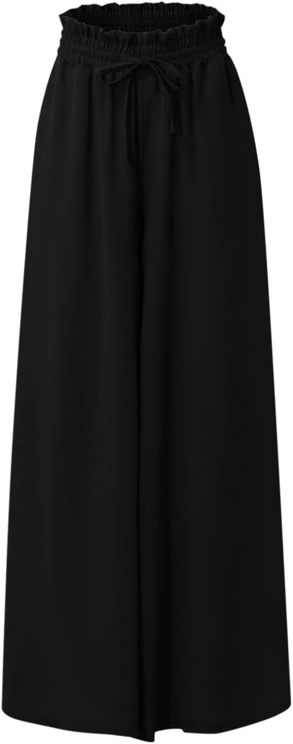 Womens Palazzo Pants Elastic Waist High Waisted Culottes Pants Loose Fit Elegant Flowy Vacation Pants with Pockets