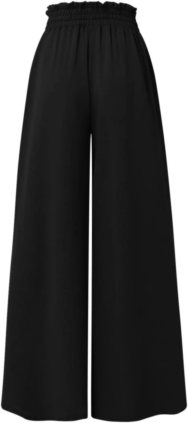 Womens Palazzo Pants Elastic Waist High Waisted Culottes Pants Loose Fit Elegant Flowy Vacation Pants with Pockets