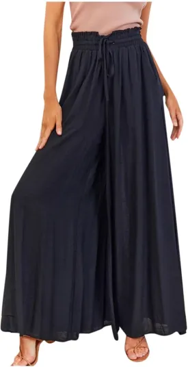 Womens Palazzo Pants Elastic Waist High Waisted Culottes Pants Loose Fit Elegant Flowy Vacation Pants with Pockets