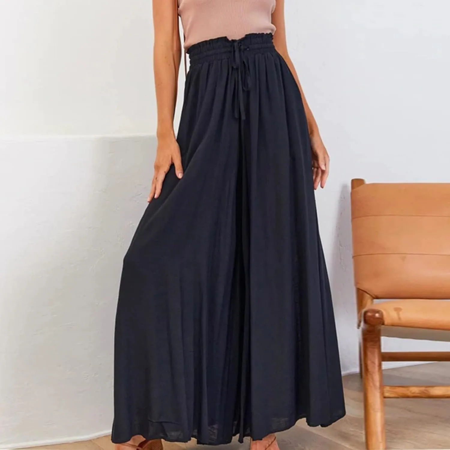 Womens Palazzo Pants Elastic Waist High Waisted Culottes Pants Loose Fit Elegant Flowy Vacation Pants with Pockets