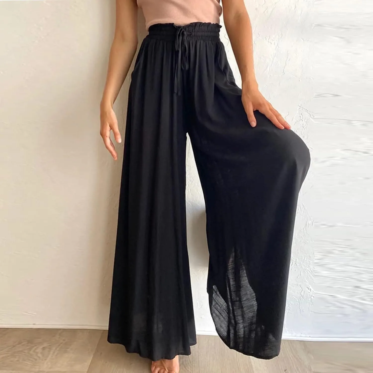 Womens Palazzo Pants Elastic Waist High Waisted Culottes Pants Loose Fit Elegant Flowy Vacation Pants with Pockets