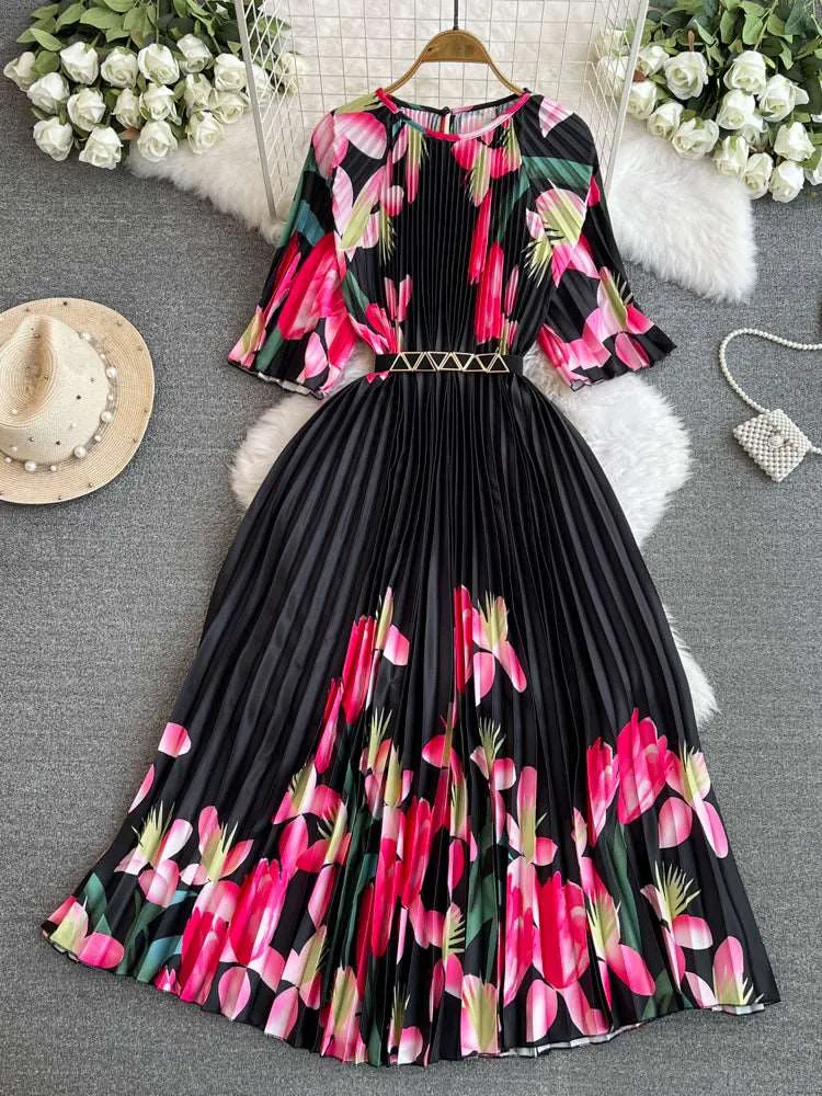 Women's Round Neck Waist Slimming A- Line Pleated Dress