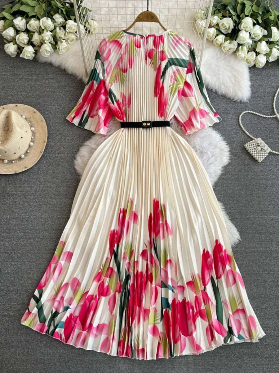 Women's Round Neck Waist Slimming A- Line Pleated Dress