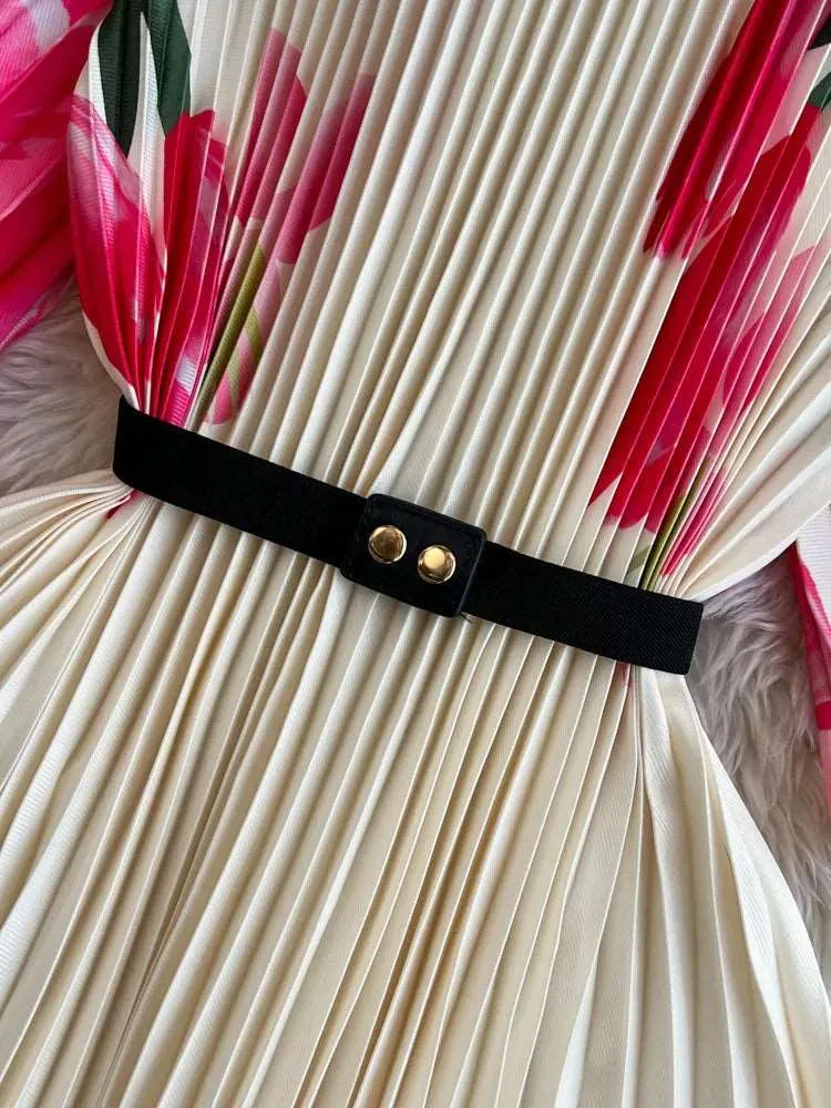 Women's Round Neck Waist Slimming A- Line Pleated Dress