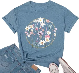 Womens T Shirts Adventure Awaits Mountain Sunrise Flower Heart Printed Shirt Boho Floral Wildflowers Graphic Funny Tee Tops